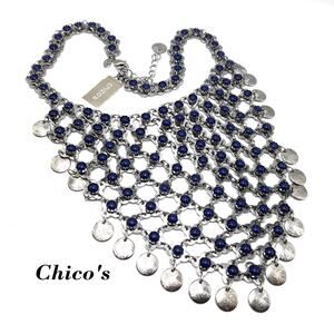 Chico's Blue Cabochon Bib Necklace, New With Tags, Silver Tone, 24"
